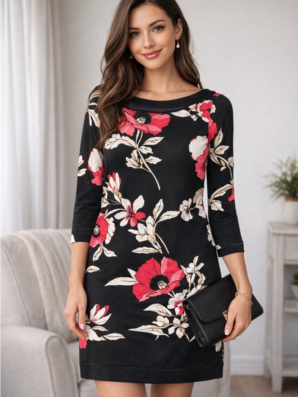 White House Black Market Black Floral 3/4 Sleeve Shift Dress Size Small